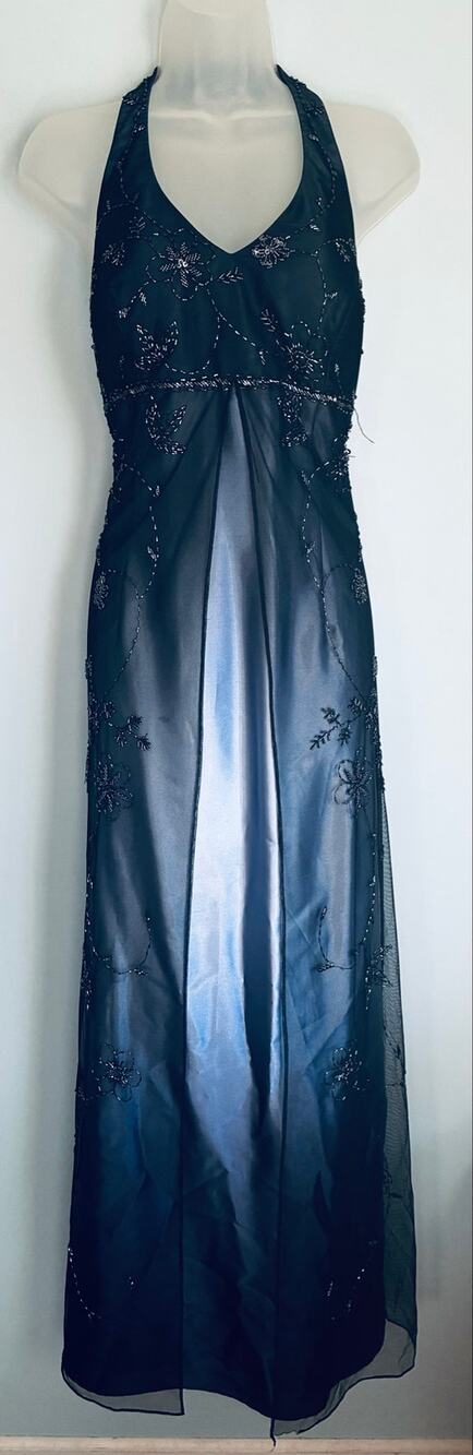 Vintage Y2K Beaded Ombre Halter Blue Black Fairy Long Dress 12
